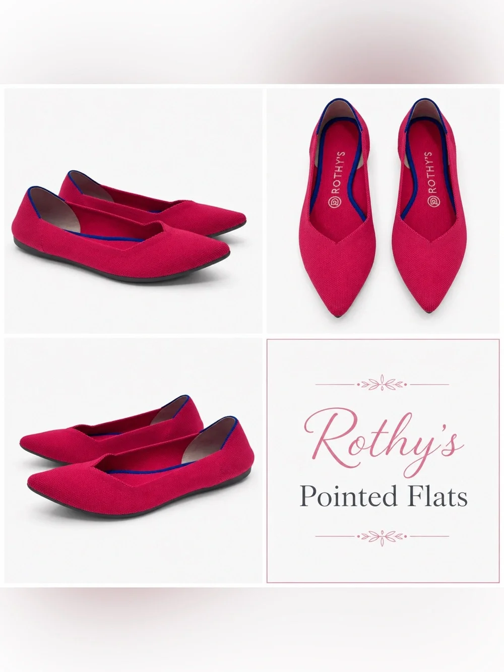 Rothy’s Fuchsia Pointed Toe Knit Flats Women’s Size 8